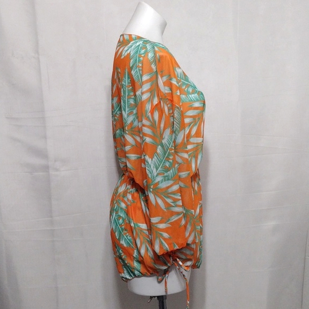 Sheer Tropical Cover Up Romper Plunge V Neck Cinched Waist Beach Resort XL - Picture 9 of 14